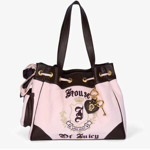Juicy Couture Pink Velour Brown Faux Leather House of Juicy Daydreamer Tote Bag